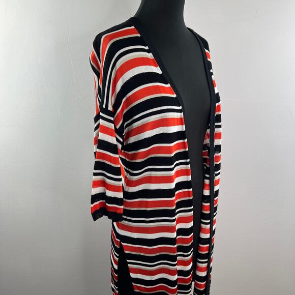 KAREN MILLEN Black Orange White Long Open Cardigan Stripe Side Slit Sz Medium M - Picture 8 of 12